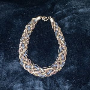 Gold, blue & pink beaded strands braided necklace
